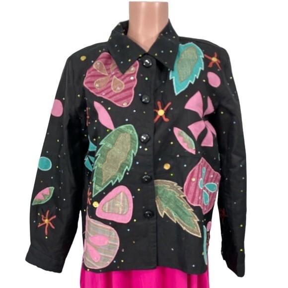 Sharon Anthony Art to Wear Silk Jacket with Fun Appliqué Embroidery Size MEDIUM - Picture 1 of 11